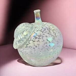 Apple Paperweight-Iridescent Art Spatter Glass-White-Opalescent-Blown-Vintage